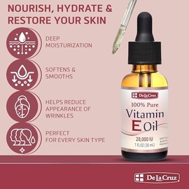 De La Cruz Vitamin E Oil for Face 28,000 IU - No Preservatives, Artificial Colors or Fragrances, Made in USA 1 FL. OZ.