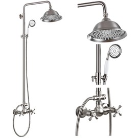 gotonovo Brushed Nickel Shower Faucet Set 8 Inch Rainfall Shower Head Bathroom Shower System Double Cross Handle and Handheld Spray Wall Mount Shower Fixture