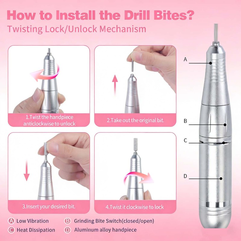 Electric Nail Drill Professional: 45000RPM Rechargeable Nail File with Bits