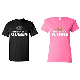 shop4ever She's My Queen - He's My King Couples Matching T-Shirts- Men Medium Black//Women Large Pink