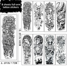 8 Sheets Black Realistic Full Arm Temporary Tattoos for Men Adults, Temp Tattoos Sleeve For Women, Waterproof Body Arm Chest Shoulder Lion Fake Tattoo Stickers Animal