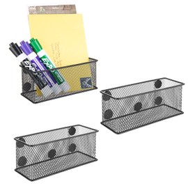 MyGift Black Metal Wire Mesh Magnetic Marker Basket for Whiteboard, Office Supply Organizer, Set of 3