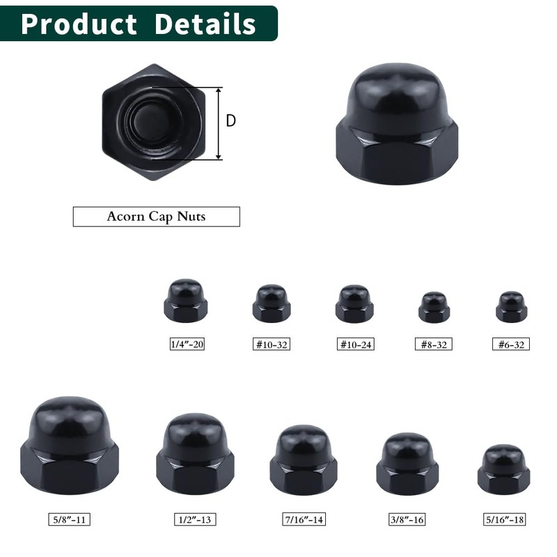 7/16"-14 Hex Head Acorn Cap Nuts, 304 Stainless Steel 18-8