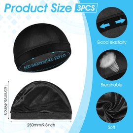 3Pcs Wave Caps for Men Silky Elastic Band Caps Soft Breathable Satin Durag Hair Wrap Sleeping Shower Cap Hair Bonnet for Sleep Unisex Beanies Hats Shower Cap Black