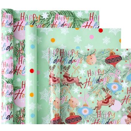 WRAPAHOLIC Christmas Wrapping Paper Roll - Mini Roll - 3 Rolls - 17 Inch X 120 Inch Per Roll - Happy Holiday Lettering with Christmas Ball and Elk, Snowflakes Holiday Collection