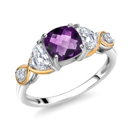 Gem Stone King 925 Silver and 10K Yellow Gold 3-Stone Ring Cushion Amethyst Half Moon Moissanite (1.36 Carat Cttw) (Size 6)