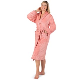 PAVILIA Robes For Women, Fleece Soft Fluffy Bathrobe, Plush Cozy Long Spa Robe, Satin Trim (L/XL, Coral)