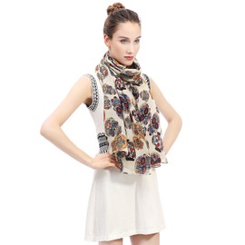 Lina & Lily Day of the Dead Sugar Skull Print Large Scarf Shawl Lightweight (Beige)(Size: 180 X 90 cm)