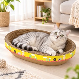 AQVELLO Corrugated Cat Scratcher Bed for Daily Clawing – Oval Lounge Design Helps Protect Furniture at Home