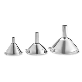 ANCLLO 3pcs Kitchen Stainless Steel Strainer Funnel Set with a Clip-Ring,Liquid Subpackage Funnel Kitchen Gadget with Metal Handle for Transferring Fluid, Liquid, Oil, Powder (Stainless Steel)