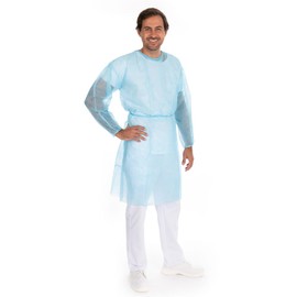 FRANZ MENSCH Hygonorm Eco Gowns with Elasticated Arm | PP, Blue, L, L: 115 cm, Circumference: 140 cm, Non-Woven Coat, Disposable Gown, Protective Gown, Non-Woven Visitor Coat, Pack of 100