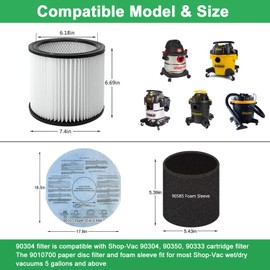 Alrens Replacement Filter 90304, 90107 Dry Vac Filter, 90585 Foam Sleeve Filter Set for Shop Vac 90304 90333 90350 9030400 + 2 Pack High Efficiency Vacuum Bags for Shop Vac 10-14 Gallon