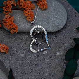 Tuscany Silver Black and White Cubic Zirconia Double Heart Pendant on Adjustable Curb Chain Necklace of 41-46 cm/16-18 inches