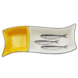 AlcoaArte Portuguese Ceramic Divided Serving Dish with Sardine Design and Hand-Painted Accents (Yellow)