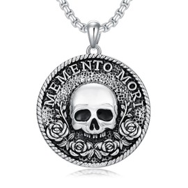 PROESS Memento Mori Necklace S925 Sterling Silver Skull Roses Coins Pendant Memento Mori Jewellery Gifts for Men, Sterling Silver, No Gemstone