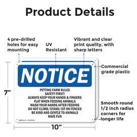 (2 Pack) Petting Farm Rules Safety First Always OSHA Notice Sign 10 Inch X 7 Inch Plastic Sign, Weather Resistant, UV Protected for Workplace, Business, and Construction Site, Made in the USA