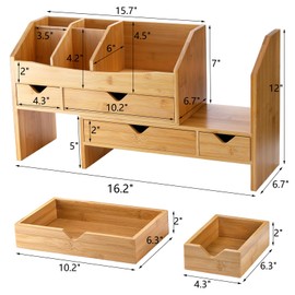 Lawei Bamboo Desk Organizer with Adjustable File Holder, Mini Desk Drawer Tabletop Organization Box with 4 Drawers for Makeup, Letter, Pens, Home Office Supplies, Vanity, 3 Layer, Fully Assembled