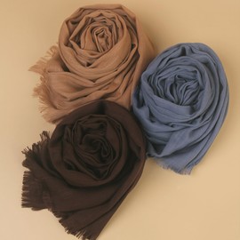 MiaoChoice Premium Bamboo Slub Cotton Hijab With Short Fringe Trim Plain Soft And Breathable Elegant Women's Turban Scarf Shawl (FSet-19#Coffee53#HazzyBlue57#Camel)