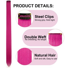Gozill Hair Extensions Rose Pink Colored Clip in Hair Extensions Straight Synthetic Feather Colorful Hair Extensions for Kids Women Festival Party 22 inch