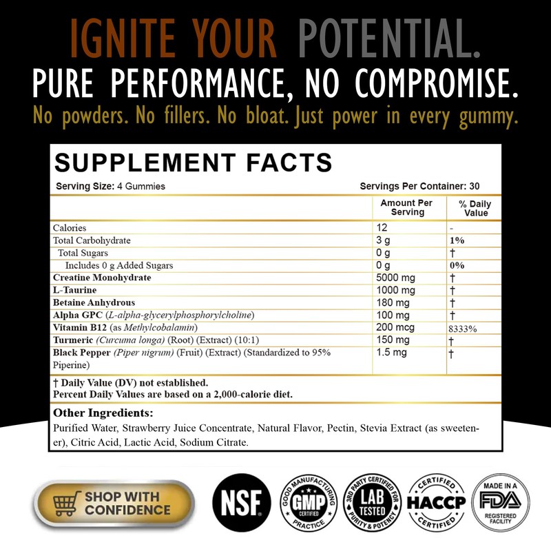 DLNIA 120 Creatine Monohydrate Gummies for Men & Women, Vegan-Friendly,