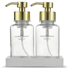 MaisoNovo Glass Foaming Soap Dispenser | Clear Glass Gold Pumps x 2 with Tray