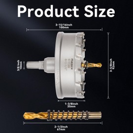 Henvo Hole Saw 3-5/8" (92mm) Heavy Duty Carbide with 2 Pilot Drill Bits - Metal Hole Cutter Cuts Stainless Steel, Iron, Copper, Brass, Plastic