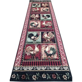 Rooster Style Runner Area Rug Burgundy Black Green Beige Design 379 (2 Feet 2 Inch X 7 Feet 2 Inch)