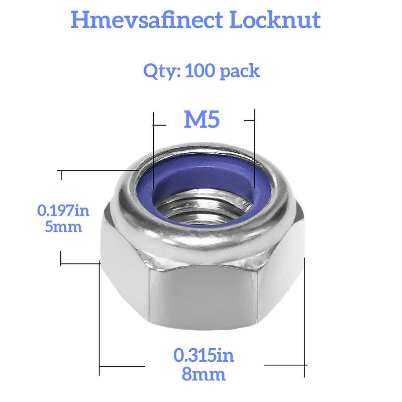 Hmevsafinect 100pcs Nylock Nylon Inserted Self Locking Nut, 304(A2-70) Stainless