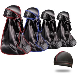 4PCS Silky Durags for Men Women 360 Waves with 1 Wave Cap, Silky Satin Durag Extra Long Tails