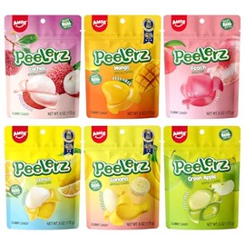 AMOS Peelerz Gummy Candy Variety Pack 6 Fruit Flavors Mango Banana Lychee Peach Green Apple Lemon Soft and Chewy Fruit Snacks with Real Juice Fun Peelable Candy for Kids and Adults 6 Bags