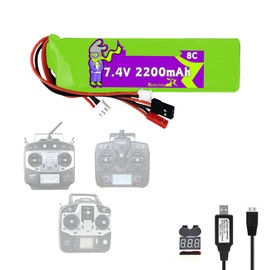 Raebatuol 7.4V 2200mAh 8C Lipo JST/FUTUBA/JR Plug Battery for Futuba T6J T8FG 12FG,Devention DEVO7 Receiver/Transmitter with 2S USB Charger,Voltage Alarm Tester