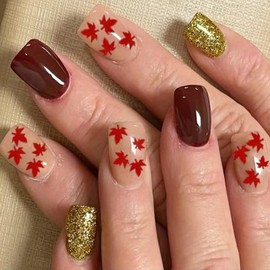 Fall Press on Nails Maple Leaf Fake Nails Short Square False Nails Autumn Leaf Acrylic Nails with Gold Glitter Design Full Cover Brown Glue on Nails Thanksgiving Stick on Nails for Women Manicure