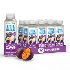 Blue Stripes Passion Fruit Cacao Water - Hydration Drink with Natural Electrolytes & Antioxidants | Cold Pressed Cacao Juice, Fruit Juice & Water | No Sugar Added & Plant Based | 10 Fl Oz (12 Pack)
