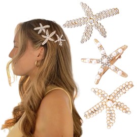 3Pcs Starfish Hair Clips, Gold Rhinestone Pearls Hair Pins, Sea Star Hair Barrettes, Mermaid Hair Accessories, Wedding Headpiece for Women, Bride,Girls