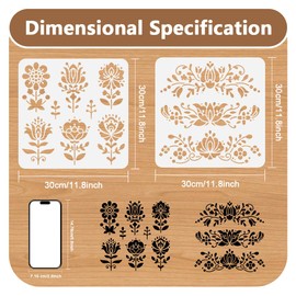 DOODLREAM 2Pcs Flower Polish Folk Art Stencils for Painting, 11.8"x11.8" Plastic Floral Stencil Drawing Templates,DIY Craft Paint Templates for Wall Home Decor Wood Burning Card Canvas Journal Paper