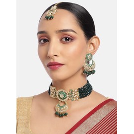 I Jewels Gold Plated Indian Wedding Bollywood Kundan Studded Pearl Choker Necklace Jewellery Set For Women (ML291G)