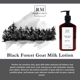 RM Soap Market Goat Milk Lotion, Black Forest Fragrance, Hydrating Lotion for Men and Women, Infused With Nourishing Goat Milk, Shea Butter, Sunflower Oil, and Aloe, Soft Amber Scent, 9 Oz