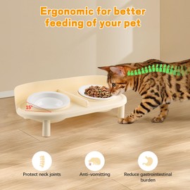 Bartuke Elevated Cat Bowls, Tilted Rised Cat Food and Water Bowl with 2 Pcs Ceramic Pet Bowls, Rised Stand, Pet Dish Anti Vomiting Feeding Station for All Sized Cats & Small Dogs (Milk Coffee)