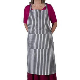 Butchers Stripe Printed Cotton Bib Apron & Double Oven Glove Kitchen Cooking Set (Slate)