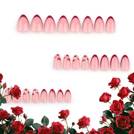 IMRAIN Valentine's Day Press on Nails Almond Medium Fake Nails Red French Tip False Nails with Glitter & Heart Designs Artificial Acrylic Nails Full Cover Glue on Nails for Women 24Pcs
