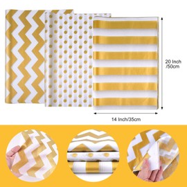 60 Sheets Tissue Paper for Gift Bags, White with Gold Strips, Waves, Dots Art Tissue Paper Bulk for Decoration DIY Crafts Birthday Wedding Packaging, 14 X 20 Inch
