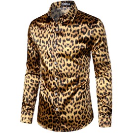 ZEROYAA Men's Hipster Leopard Printed Silk Like Satin Button Up Dress Shirt for Party Prom ZLCL31-103-Gold Large