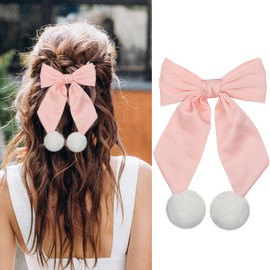 HIFANMM Christmas Bow Hair Clip Pink Big Bow Hair Clips for Girls, Long Tail Pom-Pom Hairpins Hair Cute Pink Silk Alligator Hair Barrettes Winter Xmas New Year Party Decor Accessories