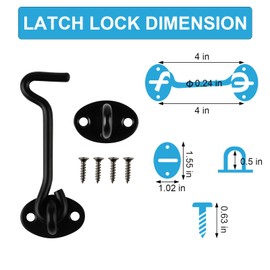 RUGLAMZHIP 2 Pcs Gate Hook and Eye Latch, 4 Inch Black Cabin Hooks, Heavy Duty Stainless Steel Door Lock Hook for Wooden Gates Doors Sheds Sliding Doors Window Closet Barn Door Hooks, with Screws