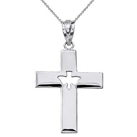Sterling Silver Holy Spirit Cross with Descending Cutout Dove Pendant Necklace, 22"