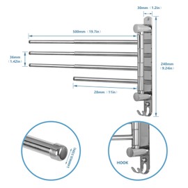 JSVER Towel Rail with 4 Extendible Arms up to 50 cm, 304 Stainless Steel Towel Rail Bathroom with 180° Swivelling Towel Rail Wall Mounted for Kitchen, Toilet, Wardrobe and Bathroom, Silver