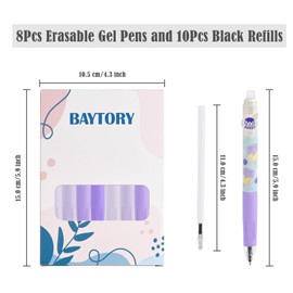 BAYTORY 18Pcs Erasable Gel Pens, 4Pcs Blue & 4Pcs Black Ink Pens & 10Pcs Black Refills, Cute Retractable Pen with Eraser, 0.5mm Fine Point, for Crossword Puzzles (Purple)