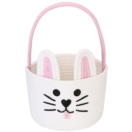 Sea Team Easter Bunny Basket for Egg Hunting, Easter Egg Bucket, Small Woven Cotton Rope Carry Bag with Rabbit Ears for Face and Fluffy Tail for Children, Easter Day Decoration Holidays, Pink