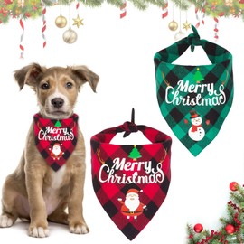 Dog Christmas Bandanas 2PCS - Double Sided Classic Merry Christmas Printing Plaid Xmas Pet Scarf Bibs Kerchief Gifts Set - Pet Holiday Accessories Bandana for Puppy, Small to Large Dogs Cats