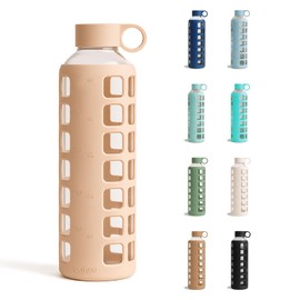 purifyou 40oz / 32oz / 22oz / 12oz Borosilicate Glass Water Bottle with Time & Volume Markers, Silicone Sleeve, Stainless Steel Lid | Reusable Glass Bottle for Water & Juice (32oz Hazelnut)